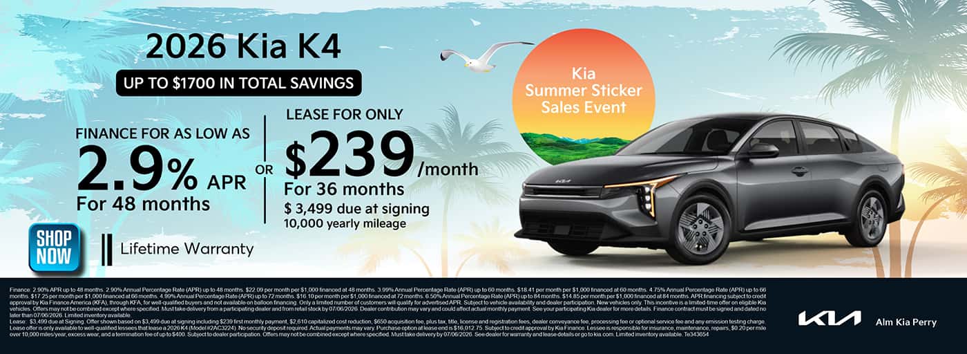 2026 Kia K4 Lease and Finance offer. ALM Kia Perry - Perry, GA