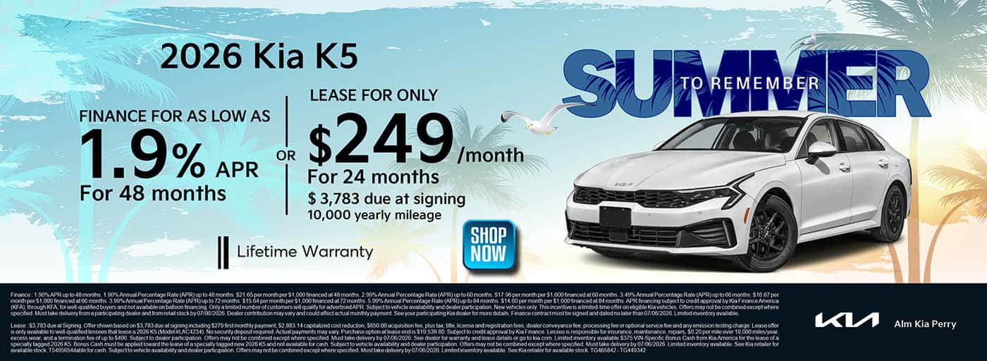 2026 Kia K5 finance and lease offer. ALM Kia Perry - Perry, GA