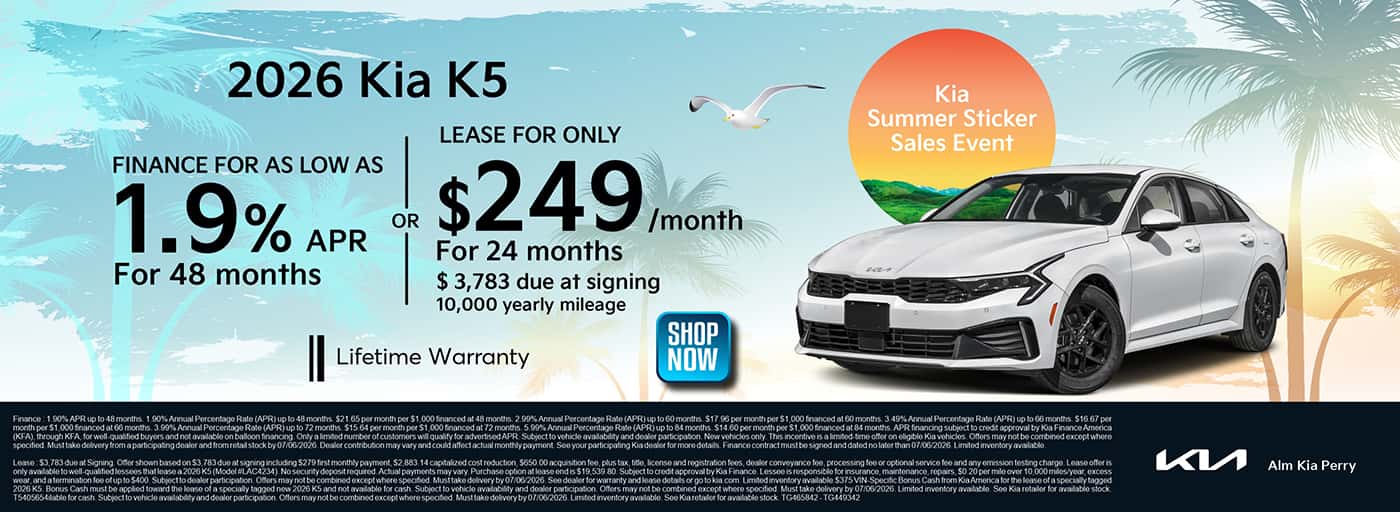 2026 Kia K5 finance and lease offer. ALM Kia Perry - Perry, GA