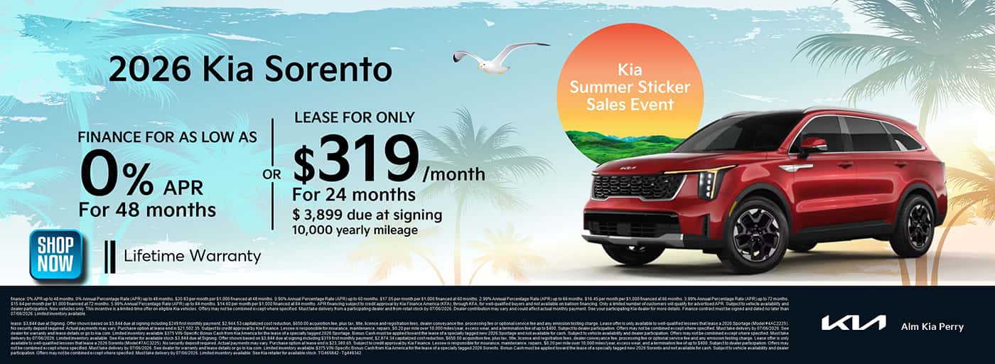 2026 Kia Sorento Finance and Lease offer. ALM Kia Perry - Perry, GA
