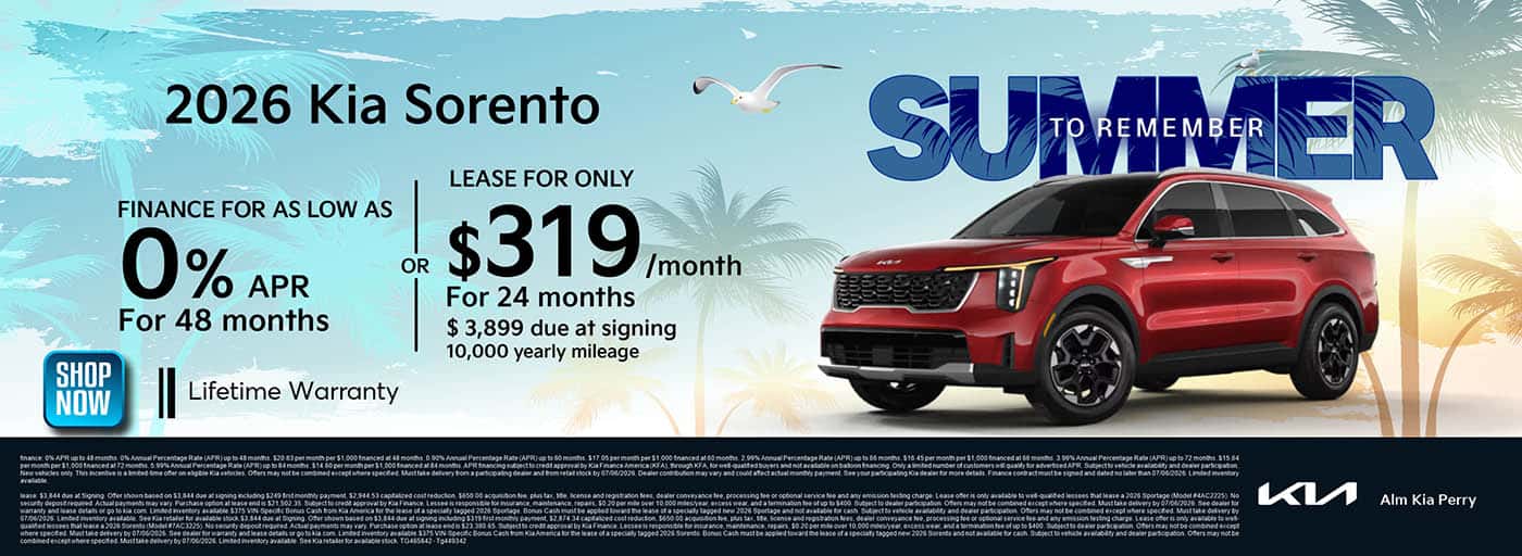 2026 Kia Sorento Finance and Lease offer. ALM Kia Perry - Perry, GA