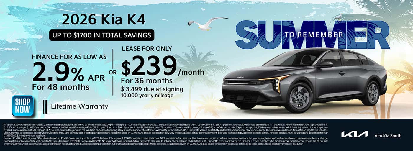 2026 Kia K4 Finance and Lease offer. ALM Kia South - Union City, GA