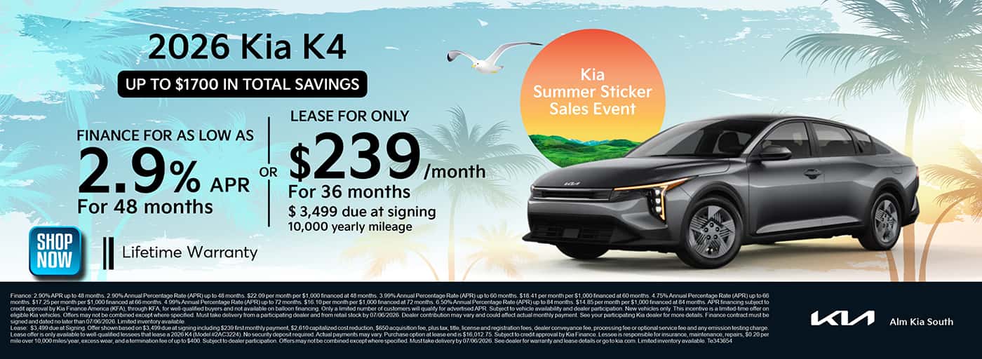 2026 Kia K4 Finance and Lease offer. ALM Kia South - Union City, GA