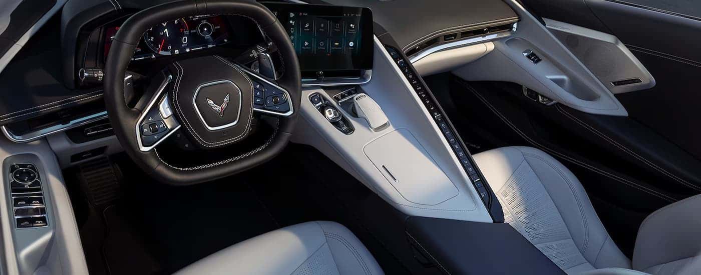 Black and white interior of a 2025 Chevy Corvette Stingray for Sale