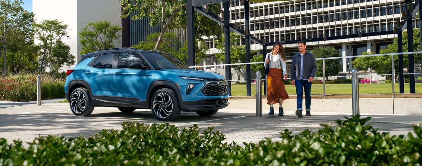 A blue 2025 Chevy Trailblazer RS is shown parked after visiting a Chevy dealer near Haverhill.