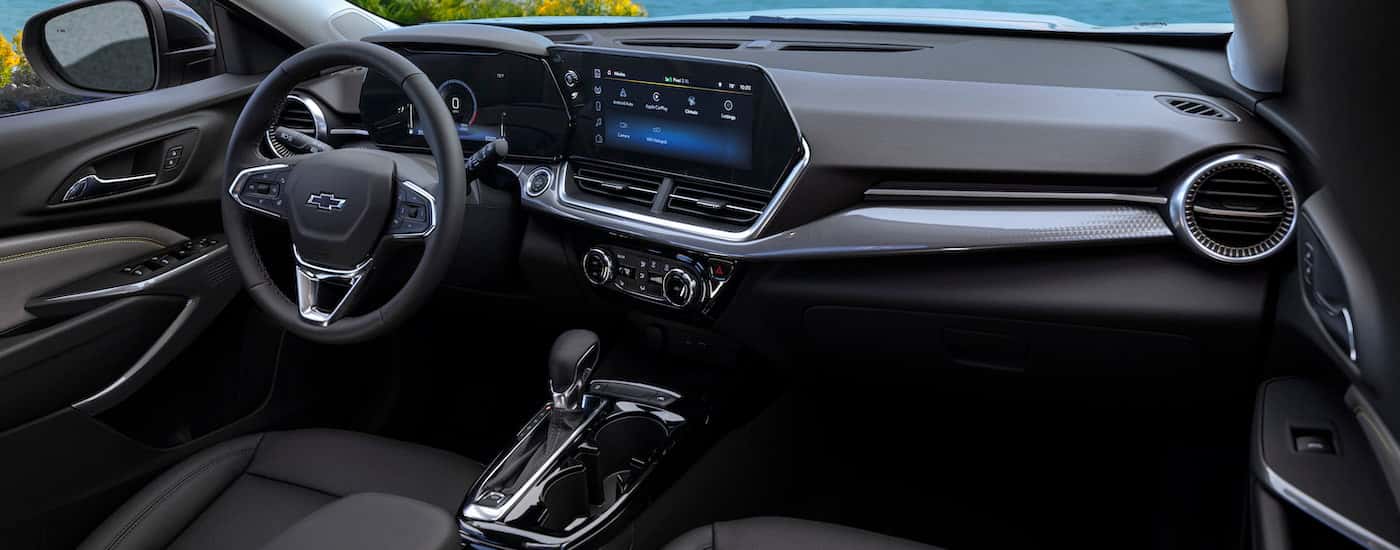 The black interior of a 2025 Chevy Trax for sale near Manchester.
