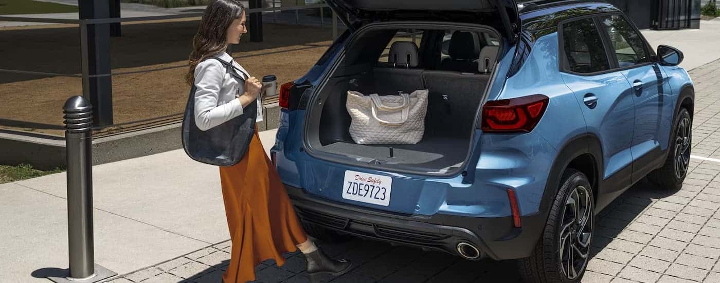 The opened hatch on a blue 2026 Chevy Trailblazer RS for sale near Danville.