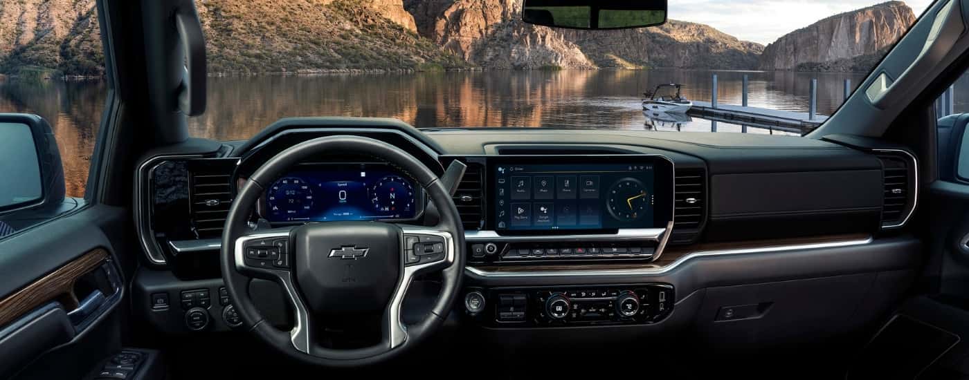 The black interior of a 2025 Chevy Silverado 1500.