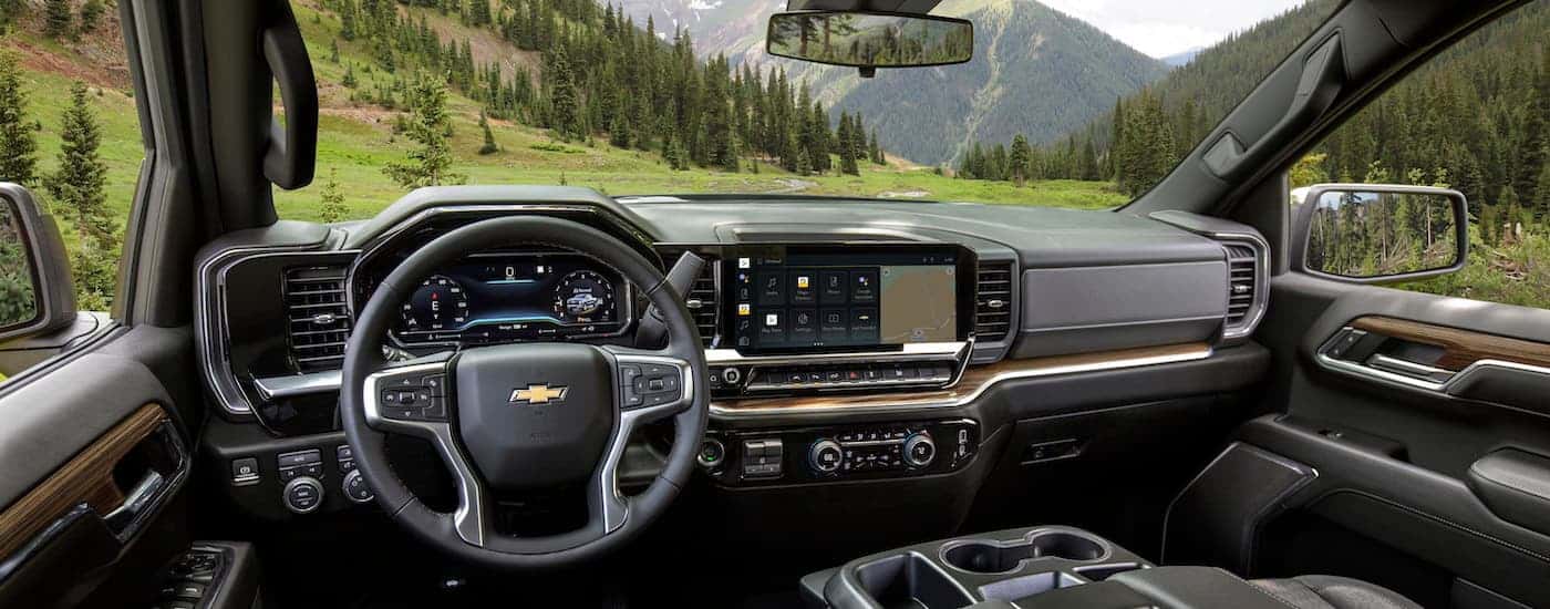 The black interior of a 2025 Chevy Silverado 1500.