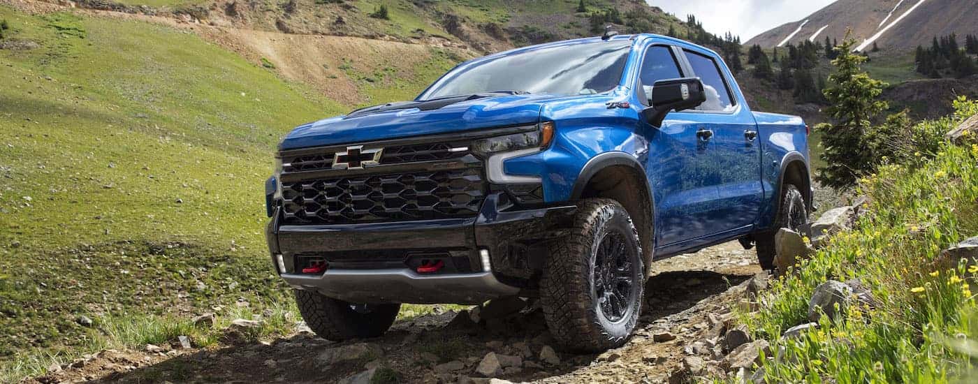 A blue 2025 Chevy Silverado 1500 ZR2 from the front at an angle.