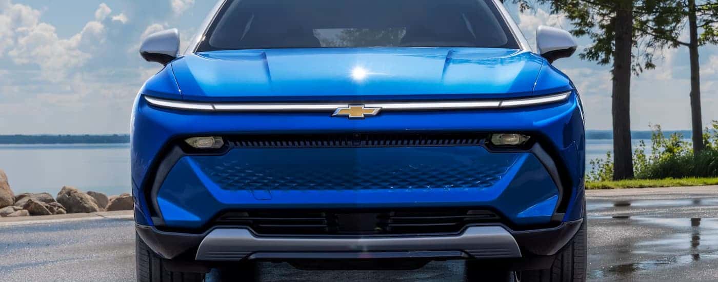 Front of a blue 2025 Chevy Equinox EV for sale near Manchester