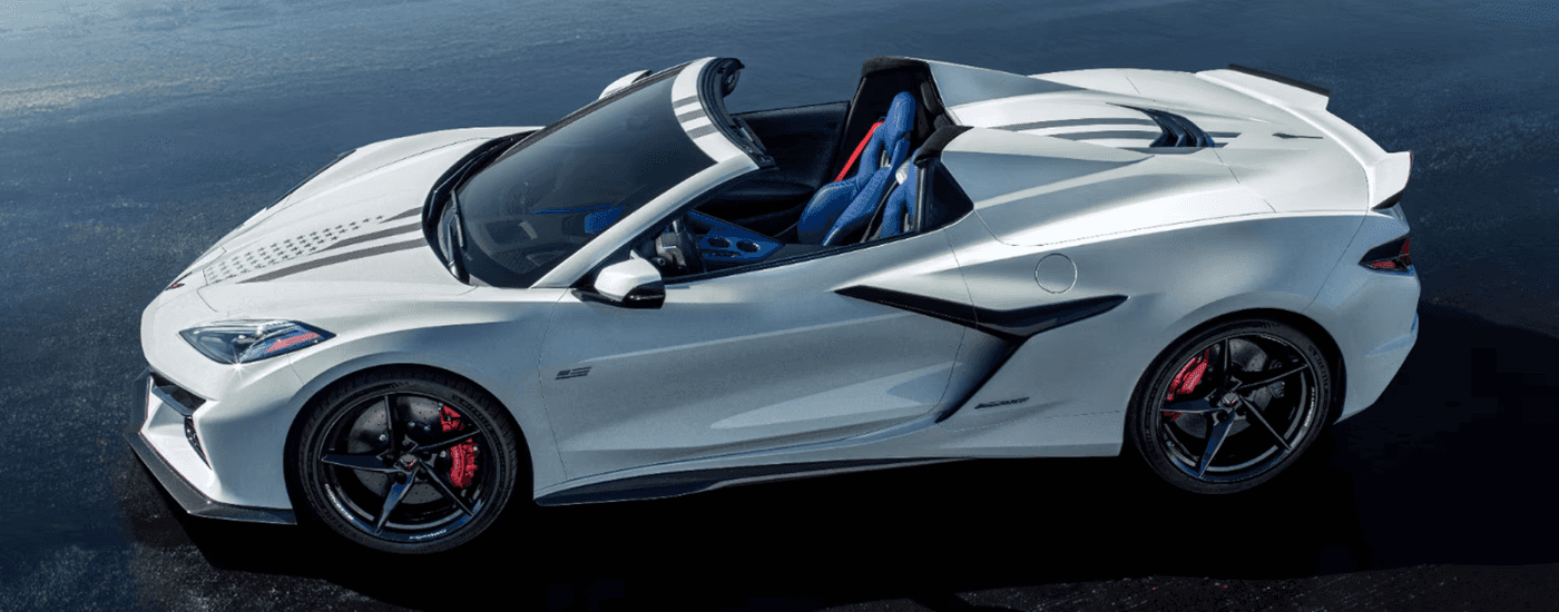 White 2026 Chevy Corvette E-Ray stars and stripes edition from above