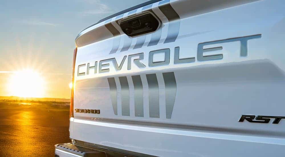 Rear liftgate on a white 2026 Chevy Silverado 1500