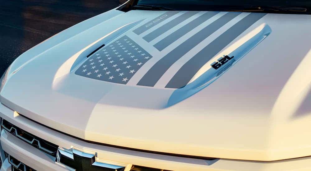 American flag detail on a white 2026 Chevy Silverado 1500