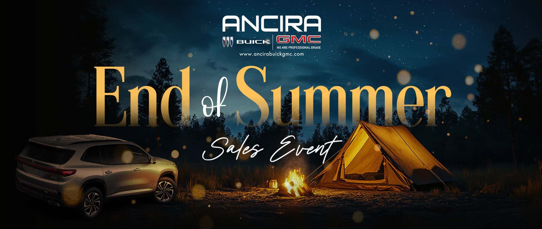 End of Summer Sales Event promotional banner showing a vehicle parked at a nighttime campsite next to a illuminated tent and campfire.