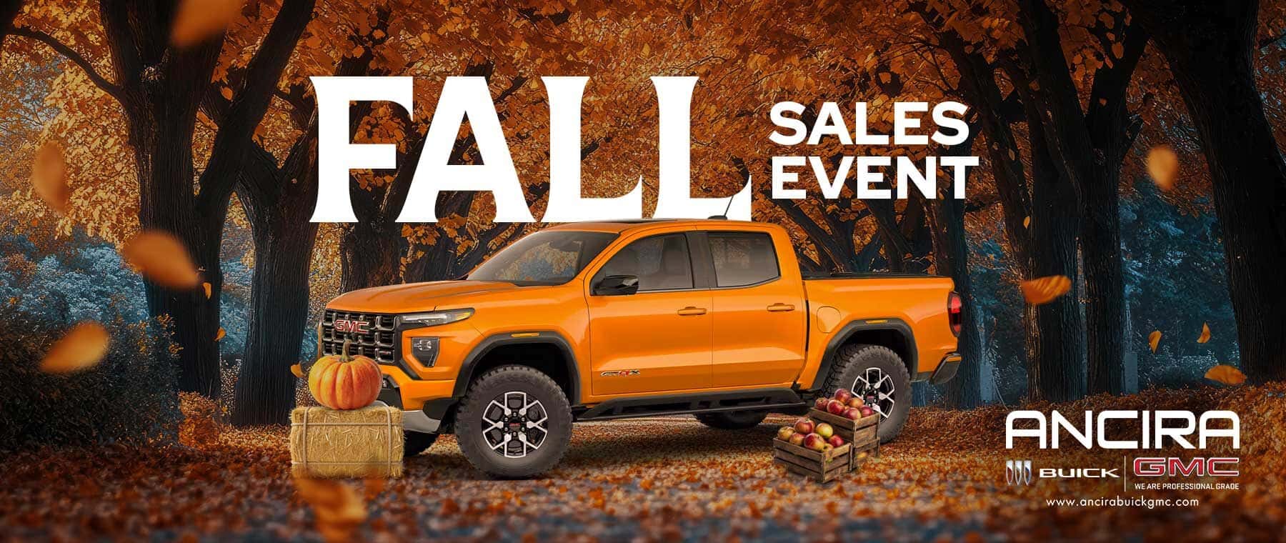 Promotional banner for the Ancira Fall Sales Event featuring a vehicle surrounded by autumn foliage, a pumpkin on a hay bale, and wooden crates filled with red apples.