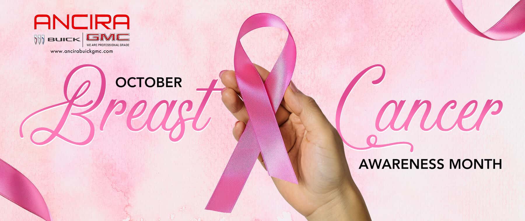Pink Breast Cancer Awareness Month banner featuring a hand holding a pink awareness ribbon, with the Ancira logo and October Breast Cancer Awareness Month text on a soft pink background.