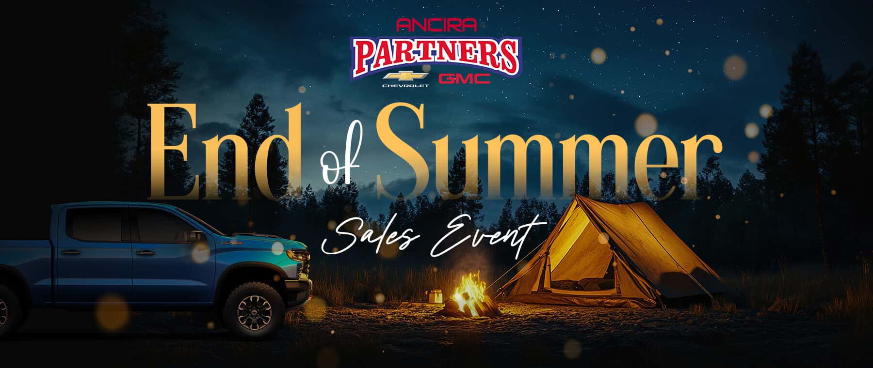 End of Summer Sales Event promotional banner showing a vehicle parked at a nighttime campsite next to a illuminated tent and campfire.
