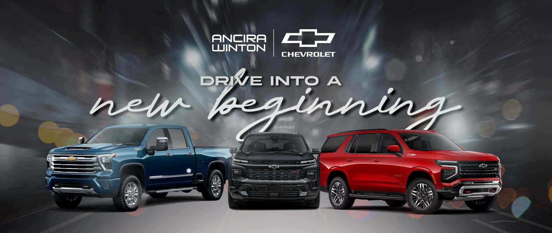 Ancira automotive promotional banner featuring three vehicles driving forward at night, with the text ‘ Drive into a new beginning’ over a motion-blurred city road background.