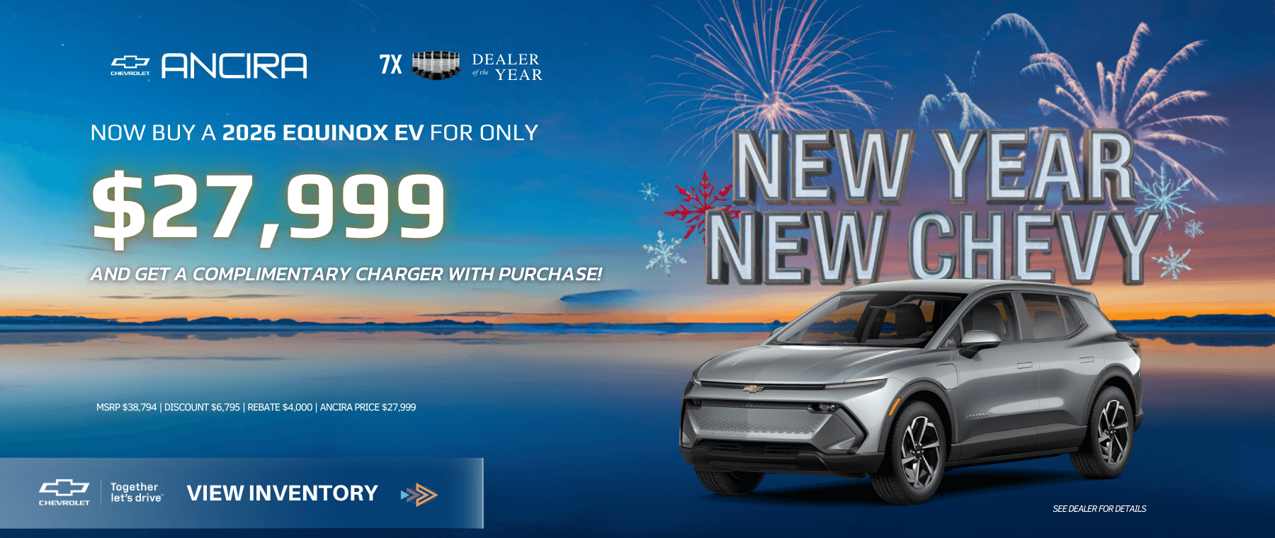 Ancira Chevrolet promotional banner featuring a gray 2026 Chevy Equinox EV with fireworks and a New Year theme, advertising a $27,999 price and a complimentary charger with purchase. / Banner promocional de Ancira Chevrolet con una Chevy Equinox EV 2026 en color gris, temática de Año Nuevo y fuegos artificiales, anunciando un precio de $27,999 e incluyendo un cargador gratuito con la compra.