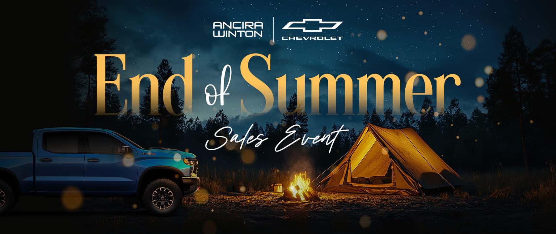 End of Summer Sales Event promotional banner showing a vehicle parked at a nighttime campsite next to a illuminated tent and campfire