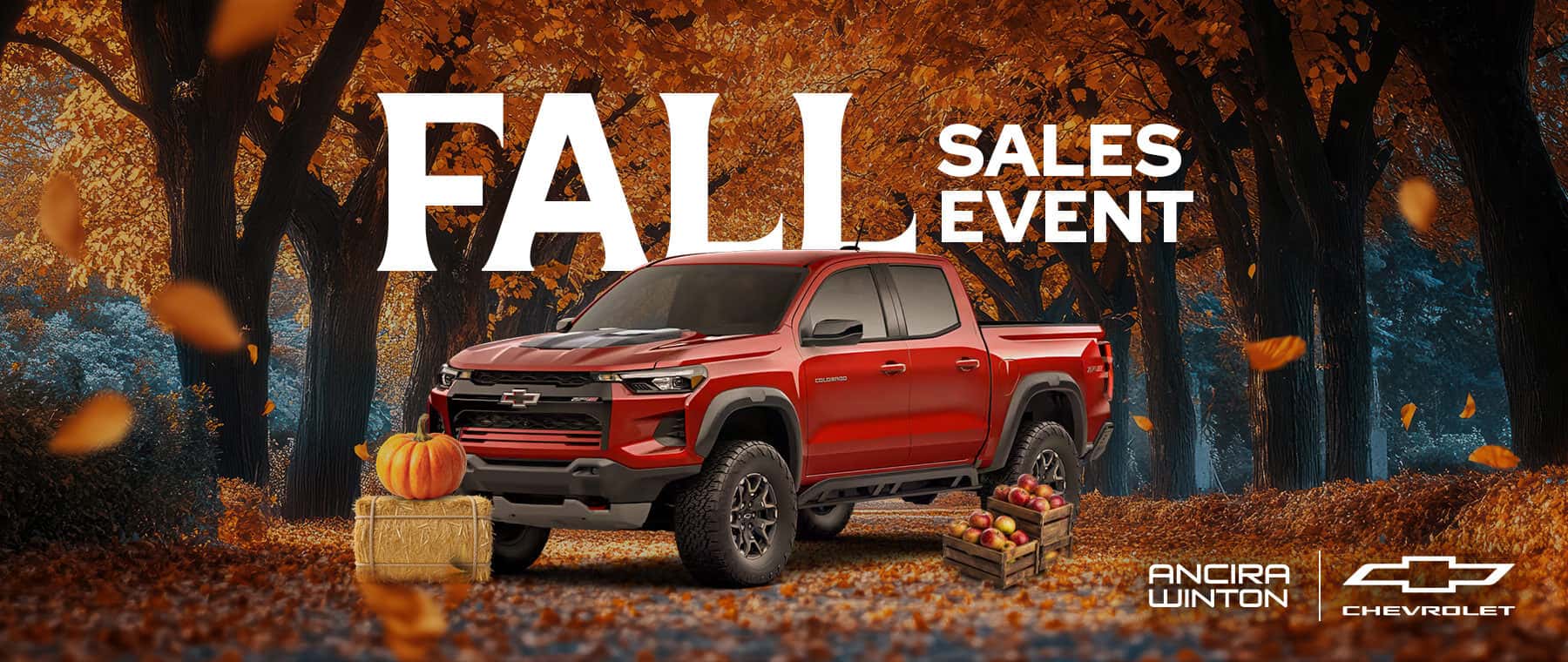Promotional banner for the Ancira Fall Sales Event featuring a vehicle surrounded by autumn foliage, a pumpkin on a hay bale, and wooden crates filled with red apples.