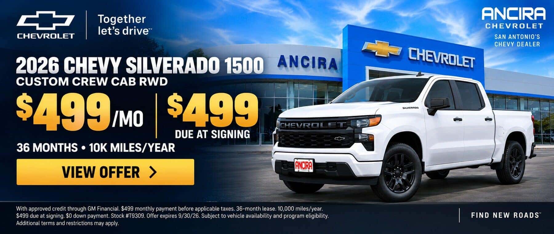 2026ChevySilverado1500leasefor$499permonthfor36monthswith$499dueatsigningatAnciraChevrolet.A WhiteSilveradoisshowninfrontoftheAnciraChevroletdealership.ArrendamientodeunaChevySilverado1500modelo2026por$499almesdurante36mesescon$499alfirmarelcontratoenAnciraChevrolet.SemuestraunaSilveradoblancafrentealconcesionarioAnciraChevrolet.