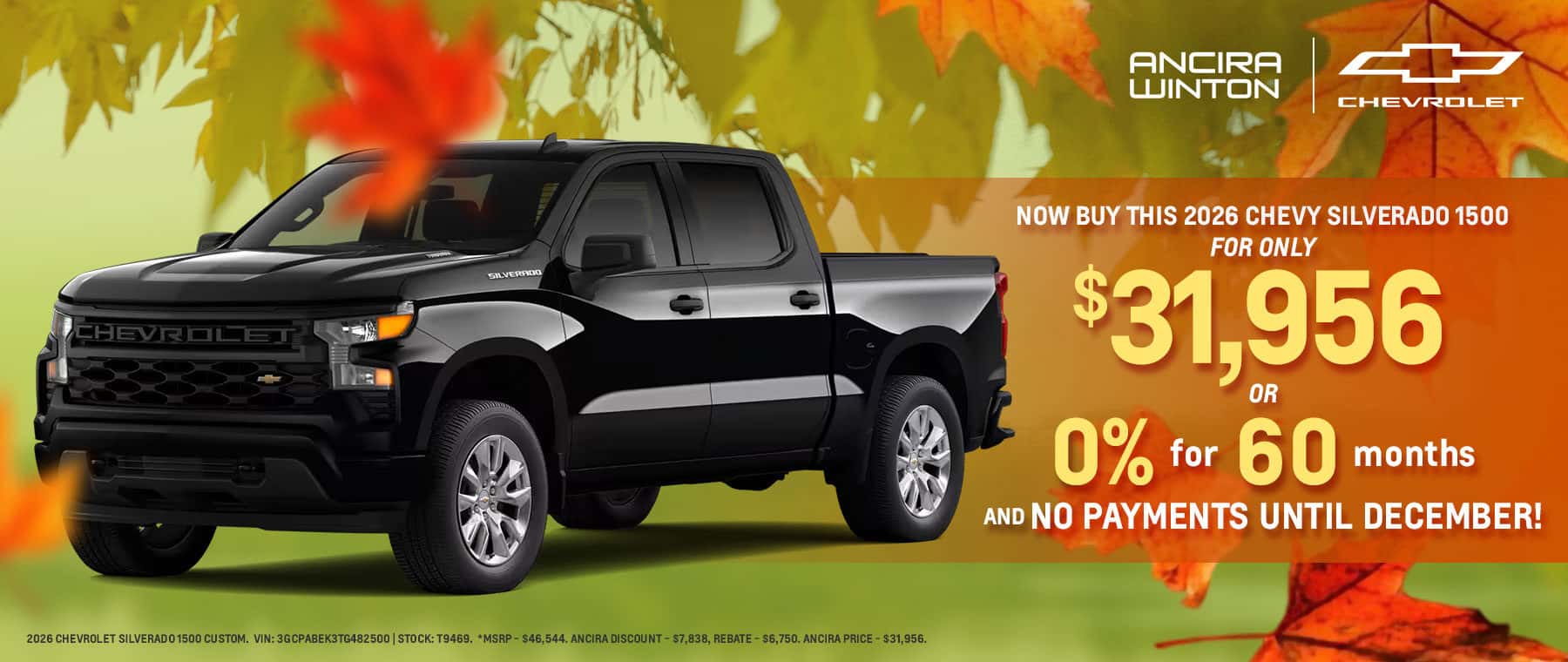 2026 Chevrolet Silverado 1500 Custom at Ancira Winton Chevrolet for $31,956 or 0% APR for 60 months with no payments until December. / Chevrolet Silverado 1500 Custom 2026 en Ancira Winton Chevrolet por $31,956 o 0% APR por 60 meses sin pagos hasta diciembre.