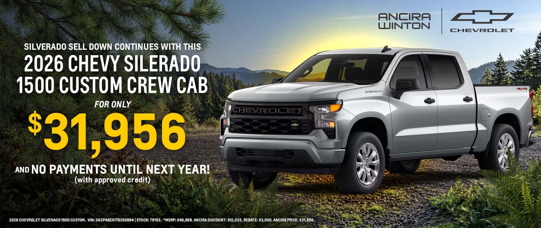 Silver 2026 Chevrolet Silverado 1500 Custom Crew Cab at Ancira Winton Chevrolet for $31,956, with no payments until next year with approved credit. Stock #T8152. Chevrolet Silverado 1500 Custom Crew Cab 2026 plateada en Ancira Winton Chevrolet por $31,956, sin pagos hasta el próximo año con crédito aprobado. Número de inventario T8152.