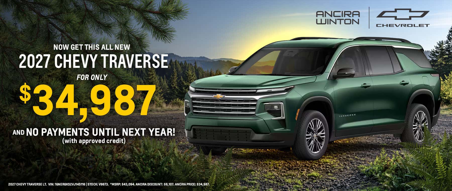 Green 2027 Chevrolet Traverse LT at Ancira Winton Chevrolet for $34,987, with no payments until next year with approved credit. Stock #V9673. Chevrolet Traverse LT 2027 verde en Ancira Winton Chevrolet por $34,987, sin pagos hasta el próximo año con crédito aprobado. Número de inventario V9673.