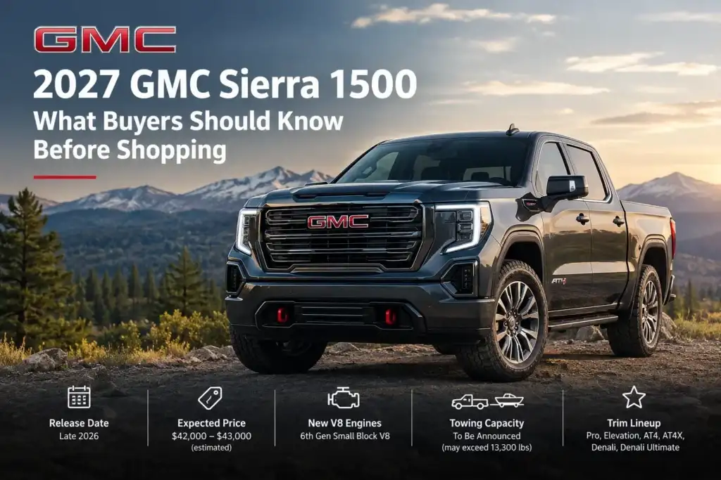 2027 GMC Sierra 1500 preview showing the redesigned pickup truck, new V8 engines, towing capacity, and upcoming features
