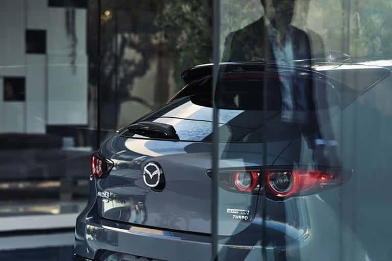 Angled view of the hatch of a 2024 Mazda3 hatchback