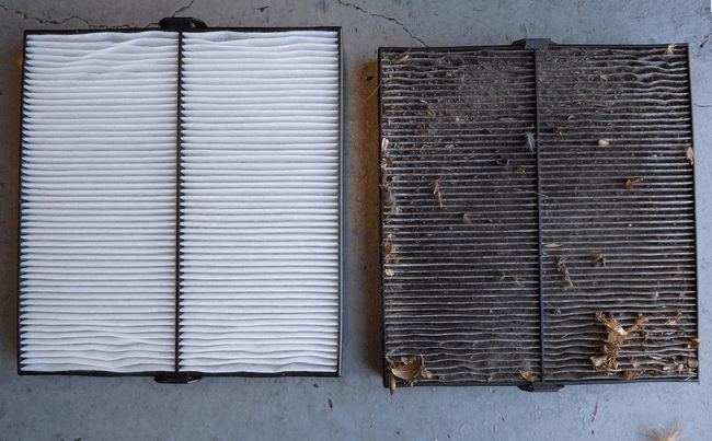 example of a clean cabin air filter vs a dirty one