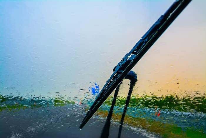 Windshield wipers on a rainy day freshly installed by a Mazda service technician