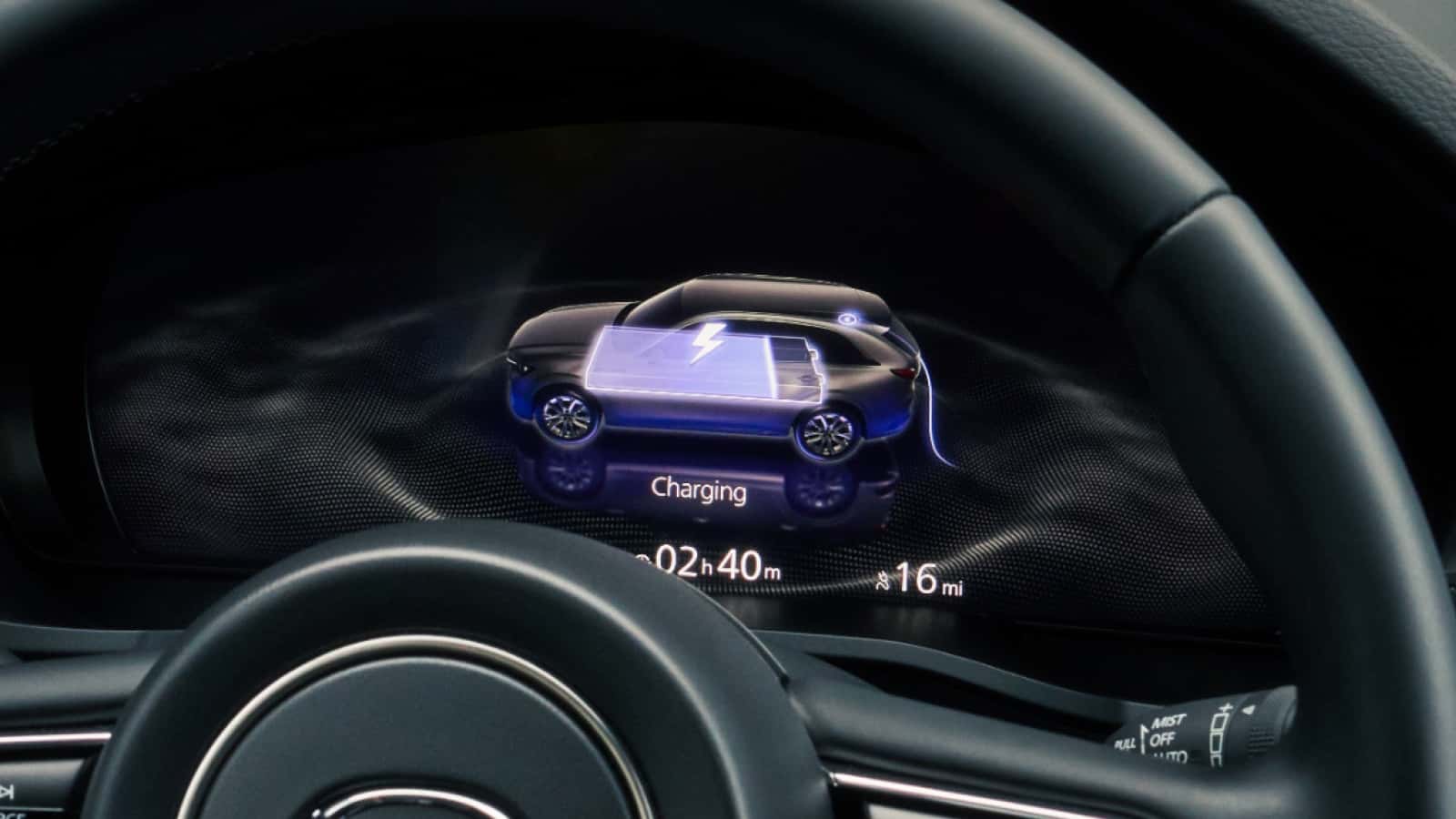 Dashboard of the 2026 Mazda CX-90 PHEV displaying charging info