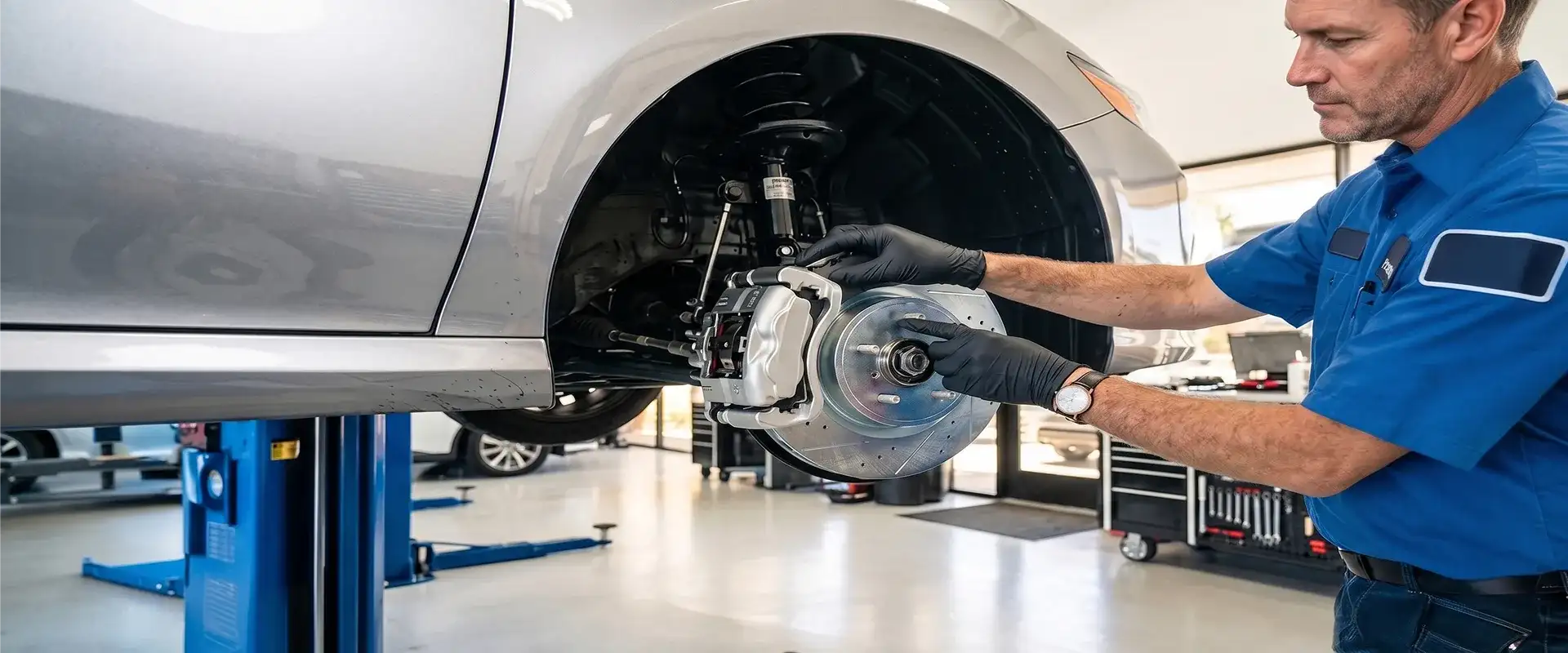 Toyota brake service technician working on vehicle