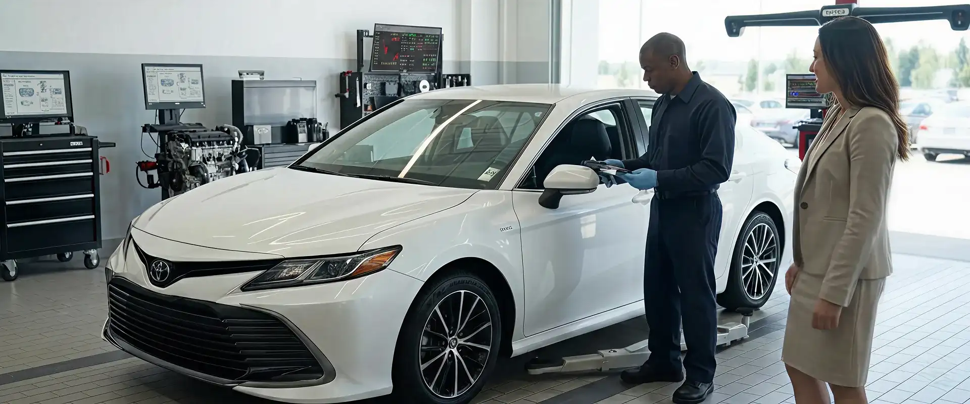 Toyota engine diagnostics technician inspecting vehicle