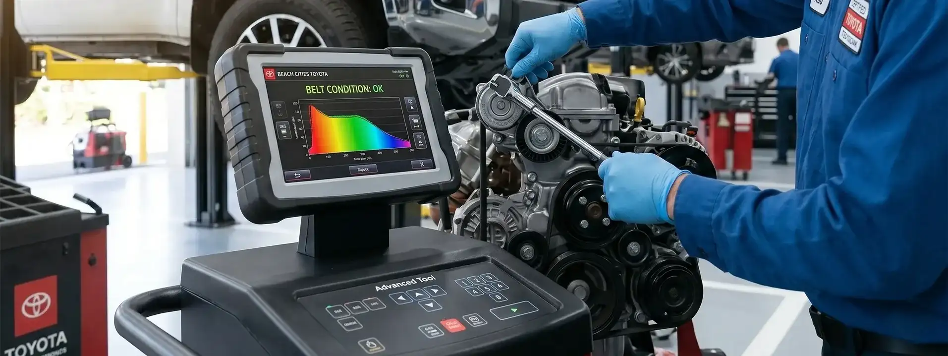 Toyota technician performing factory-scheduled maintenance