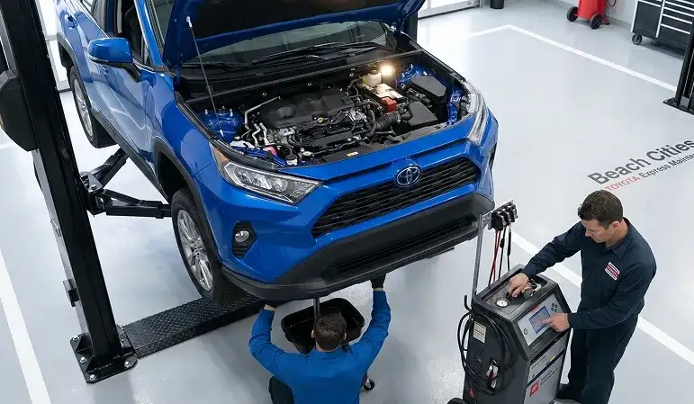 Toyota factory-trained technicians servicing a vehicle