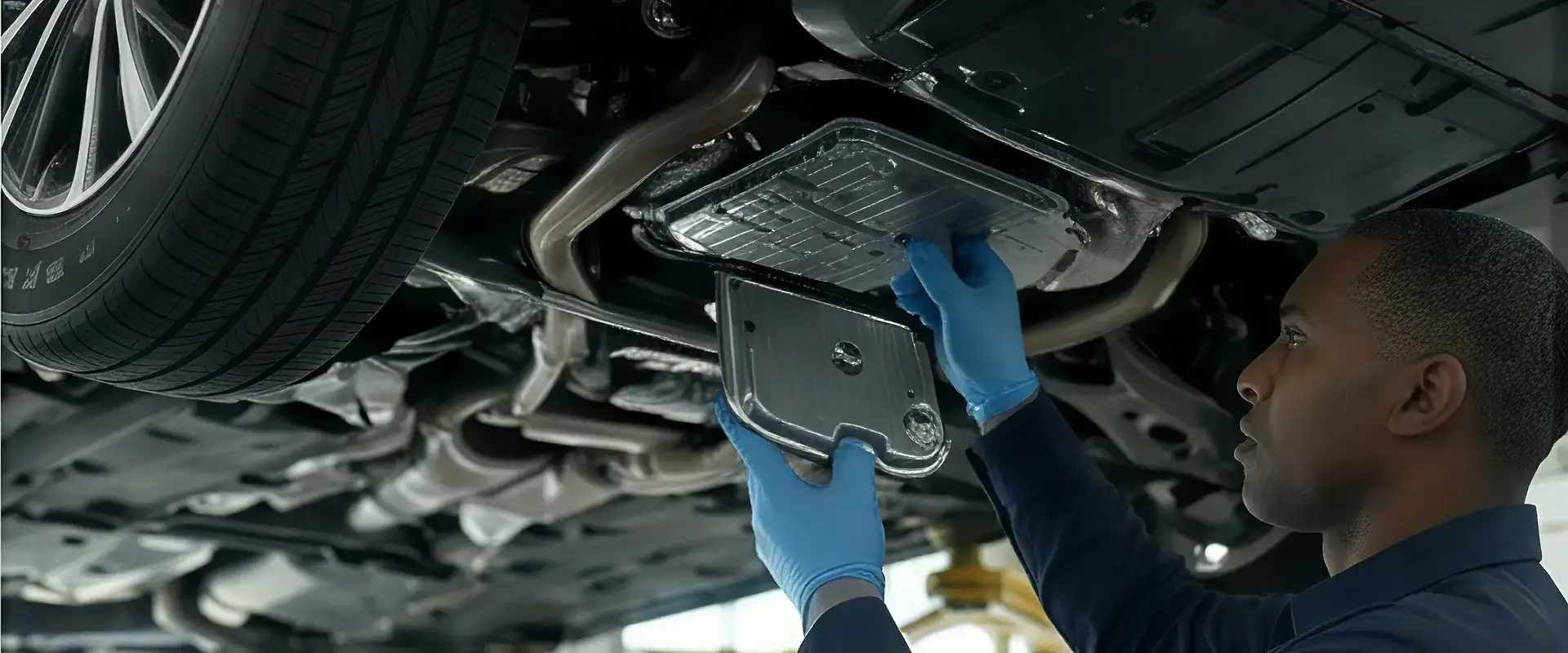 Toyota transmission service technician working on vehicle
