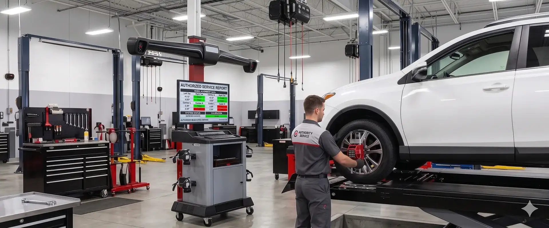 Toyota wheel alignment service technician working on vehicle