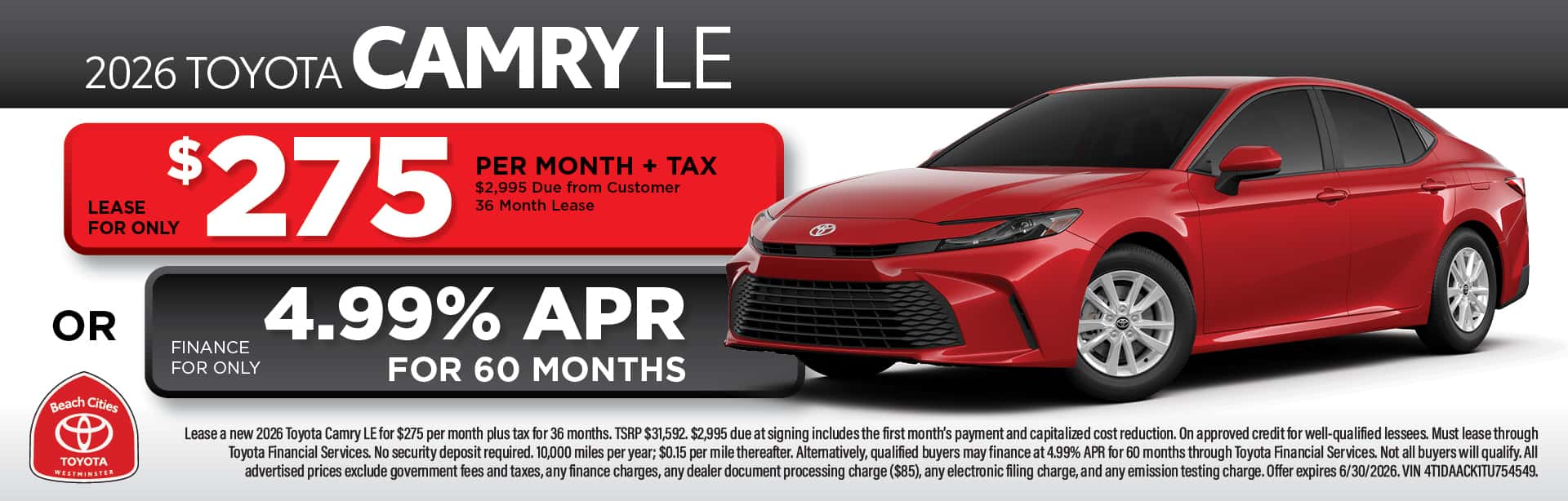 2026 Toyota Camry LE June Lease and Finance Special