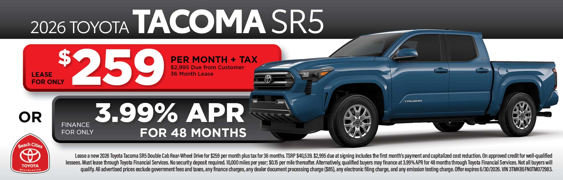 2026 Toyota Tacoma SR5 June Lease and Finance Special