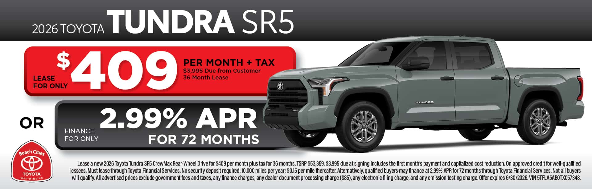 2026 Toyota Tundra SR5 June Lease and Finance Specials