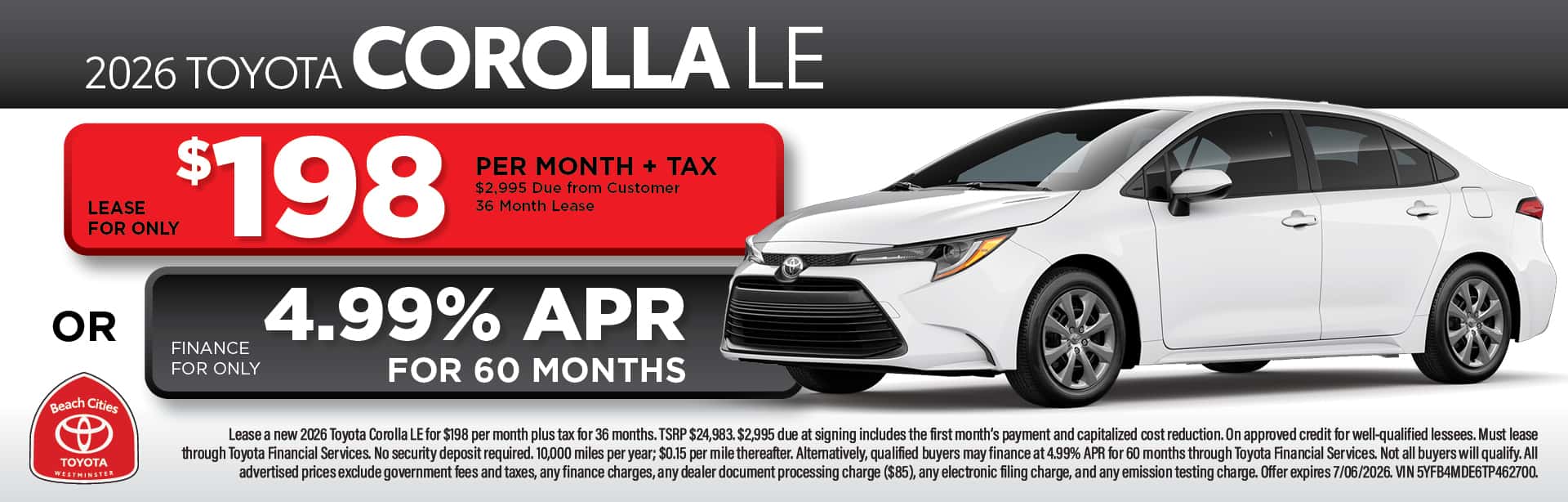 2026 Toyota Corolla LE june lease and finance special