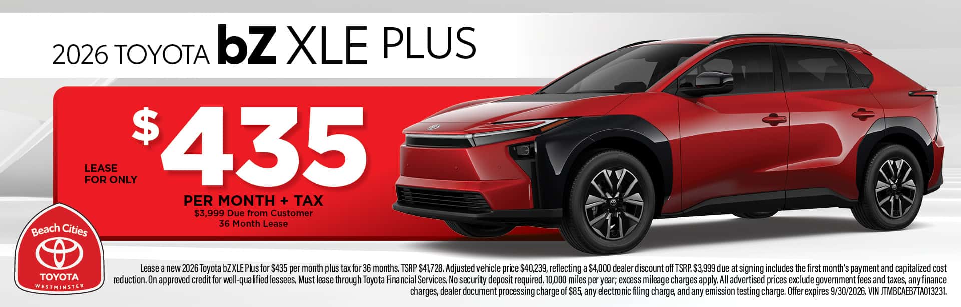 Beach Cities Toyota of Westminster September offers featuring special pricing and lease and finance deals on new Toyota vehicles.