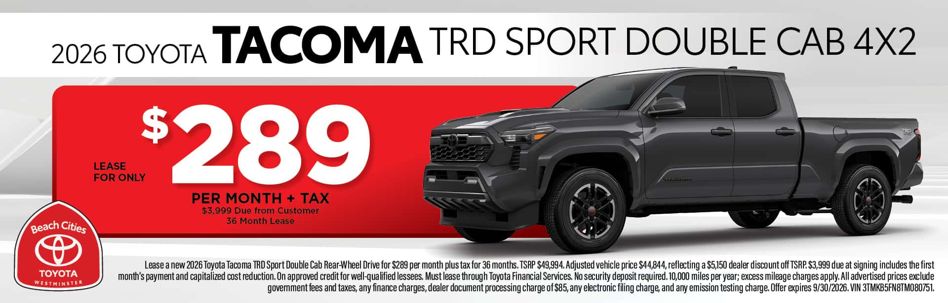 Beach Cities Toyota September new vehicle offers featuring special lease and finance deals on new Toyota models, with savings available through September 30, 2026.