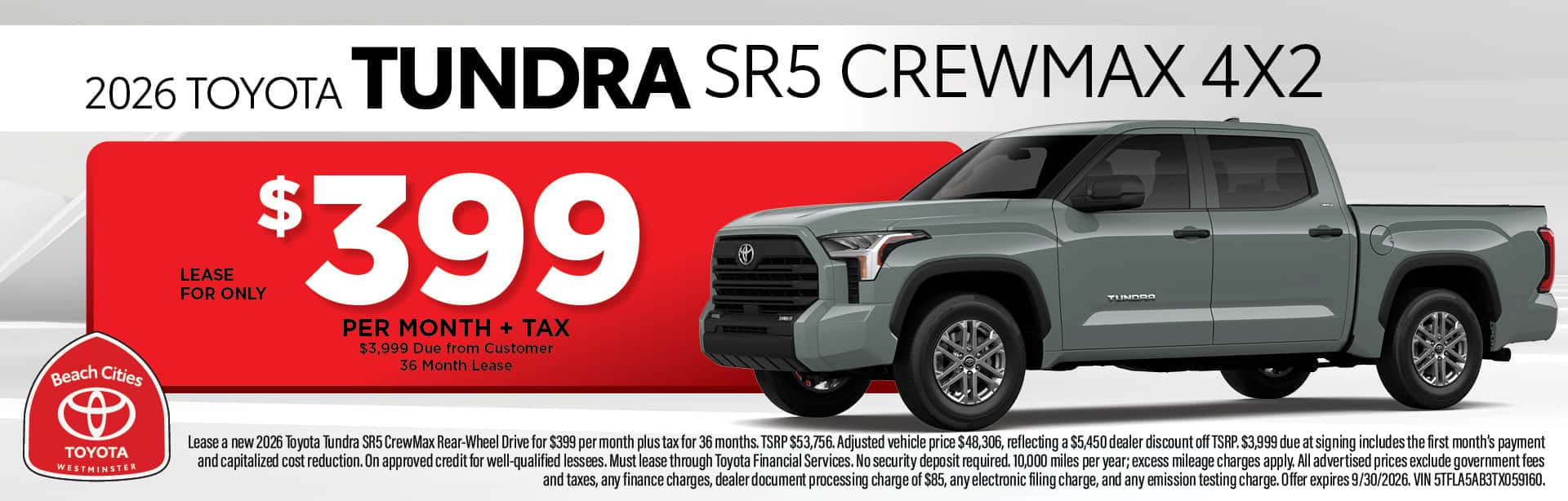 Beach Cities Toyota September new vehicle offers featuring special lease and finance deals on new Toyota models, with savings available through September 30, 2026.