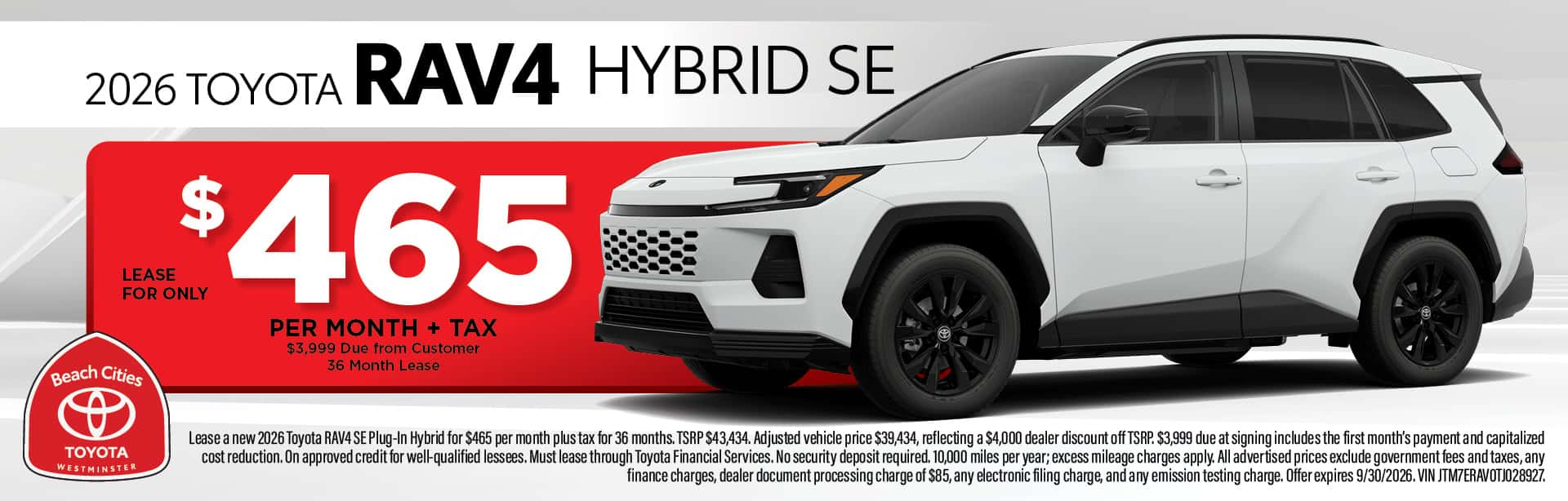 Beach Cities Toyota September new vehicle offers featuring special lease and finance deals on new Toyota models, with savings available through September 30, 2026.