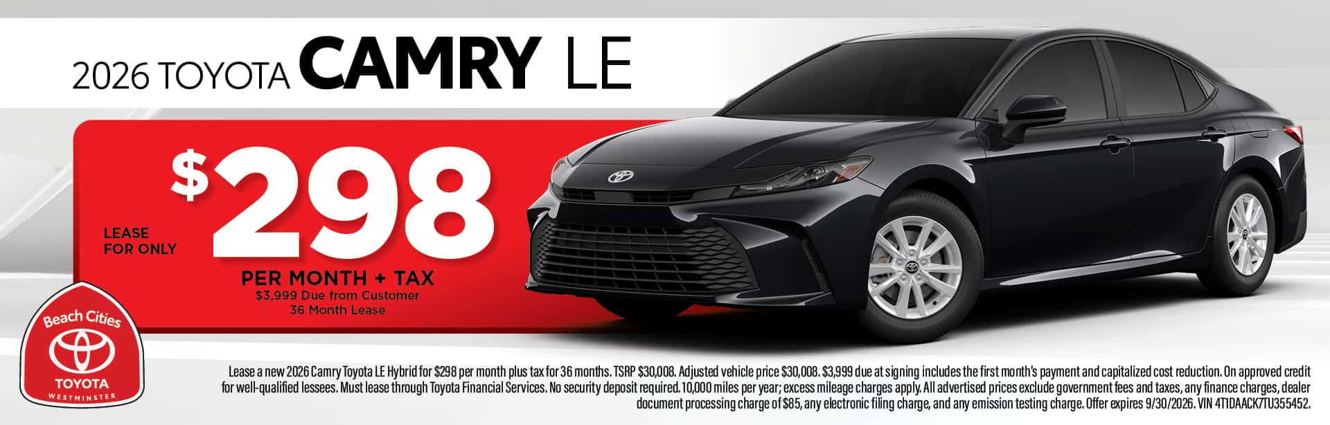 Beach Cities Toyota September new vehicle offers featuring special lease and finance deals on new Toyota models, with savings available through September 30, 2026.
